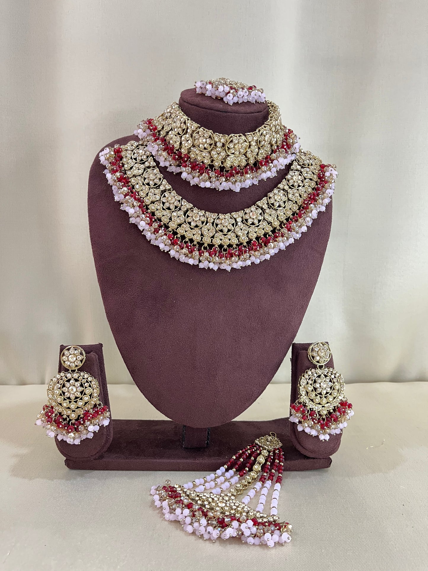 American Diamond Pakistani Bridal Combo Set - Pink & Ruby