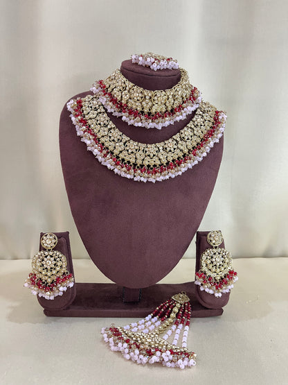 American Diamond Pakistani Bridal Combo Set - Pink & Ruby