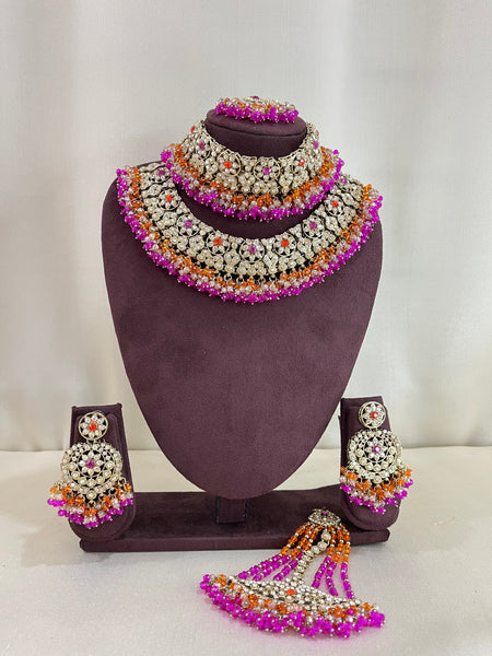 American Diamond Pakistani Bridal Combo Set - Rani Pink & Orange