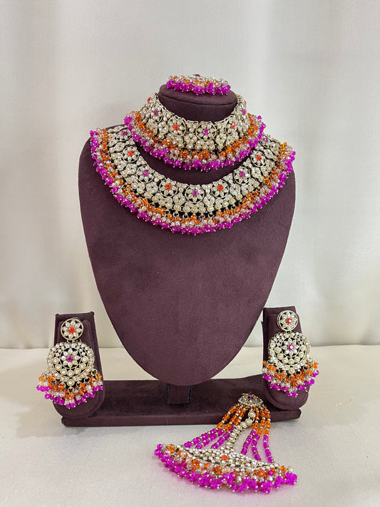 American Diamond Pakistani Bridal Combo Set - Rani Pink & Orange