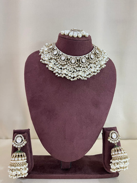 Moissanite Kundan Pearl Necklace Set - Pearl White
