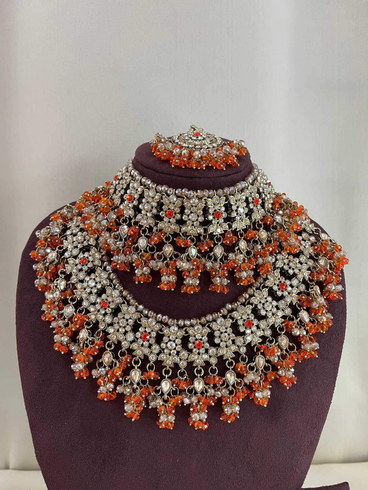American Diamond Pakistani Bridal Combo Set - Orange