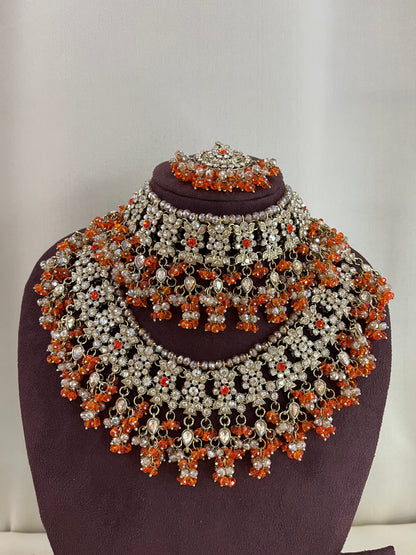 American Diamond Pakistani Bridal Combo Set - Orange