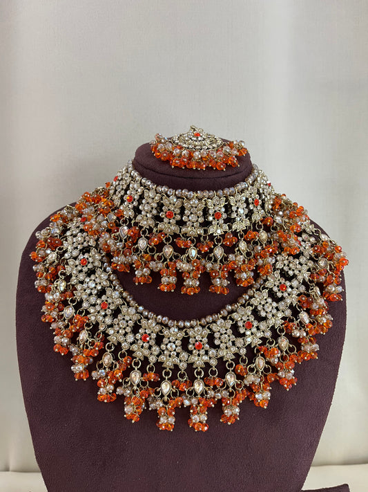 American Diamond Pakistani Bridal Combo Set - Orange