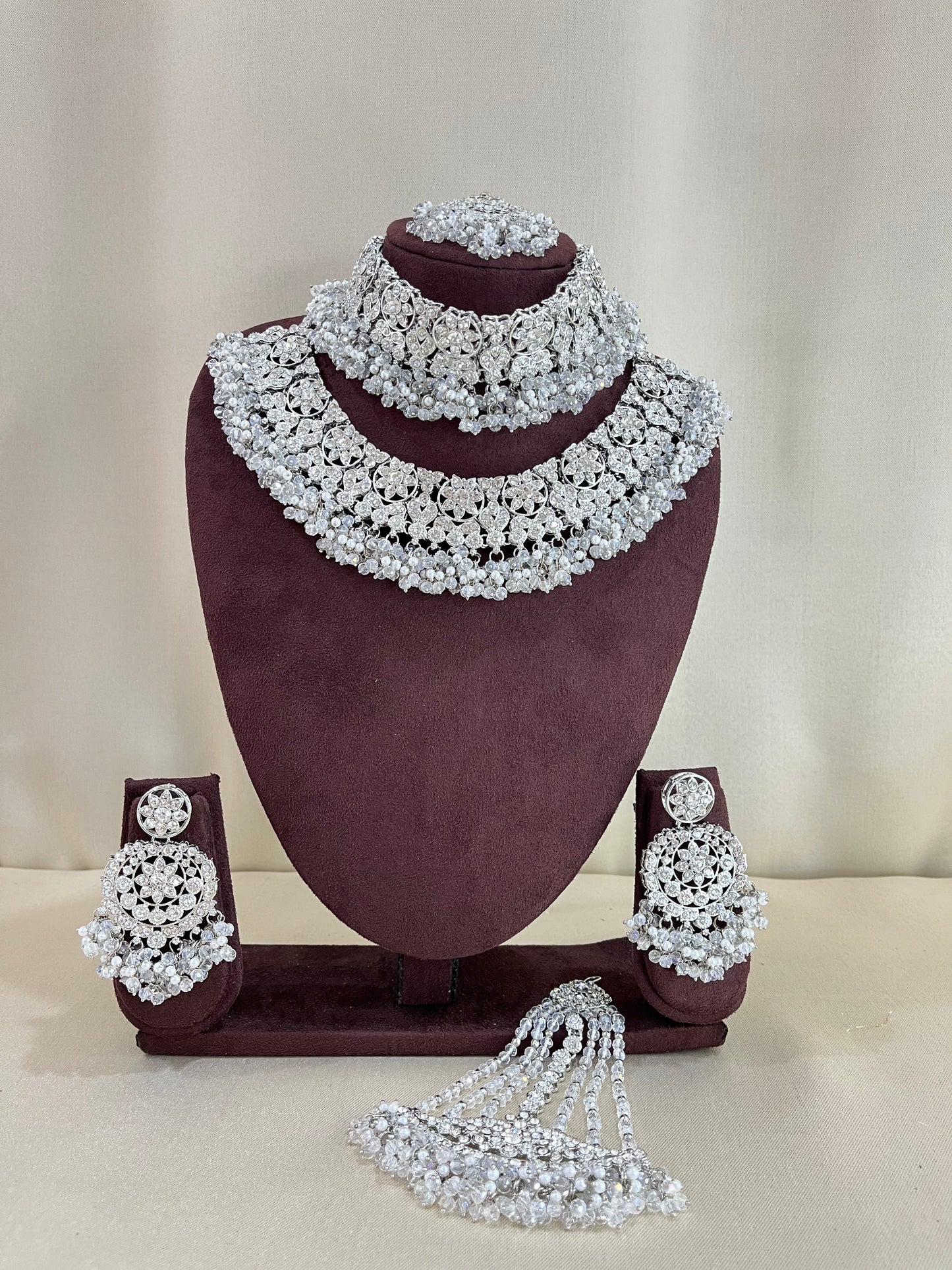 American Diamond Pakistani Bridal Combo Set - Silver
