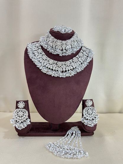 American Diamond Pakistani Bridal Combo Set - Silver