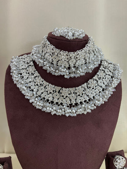 American Diamond Pakistani Bridal Combo Set - Silver