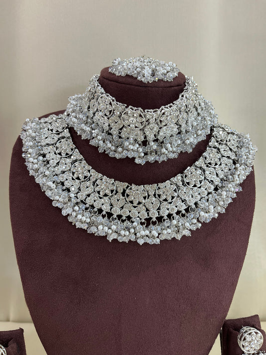 American Diamond Pakistani Bridal Combo Set - Silver