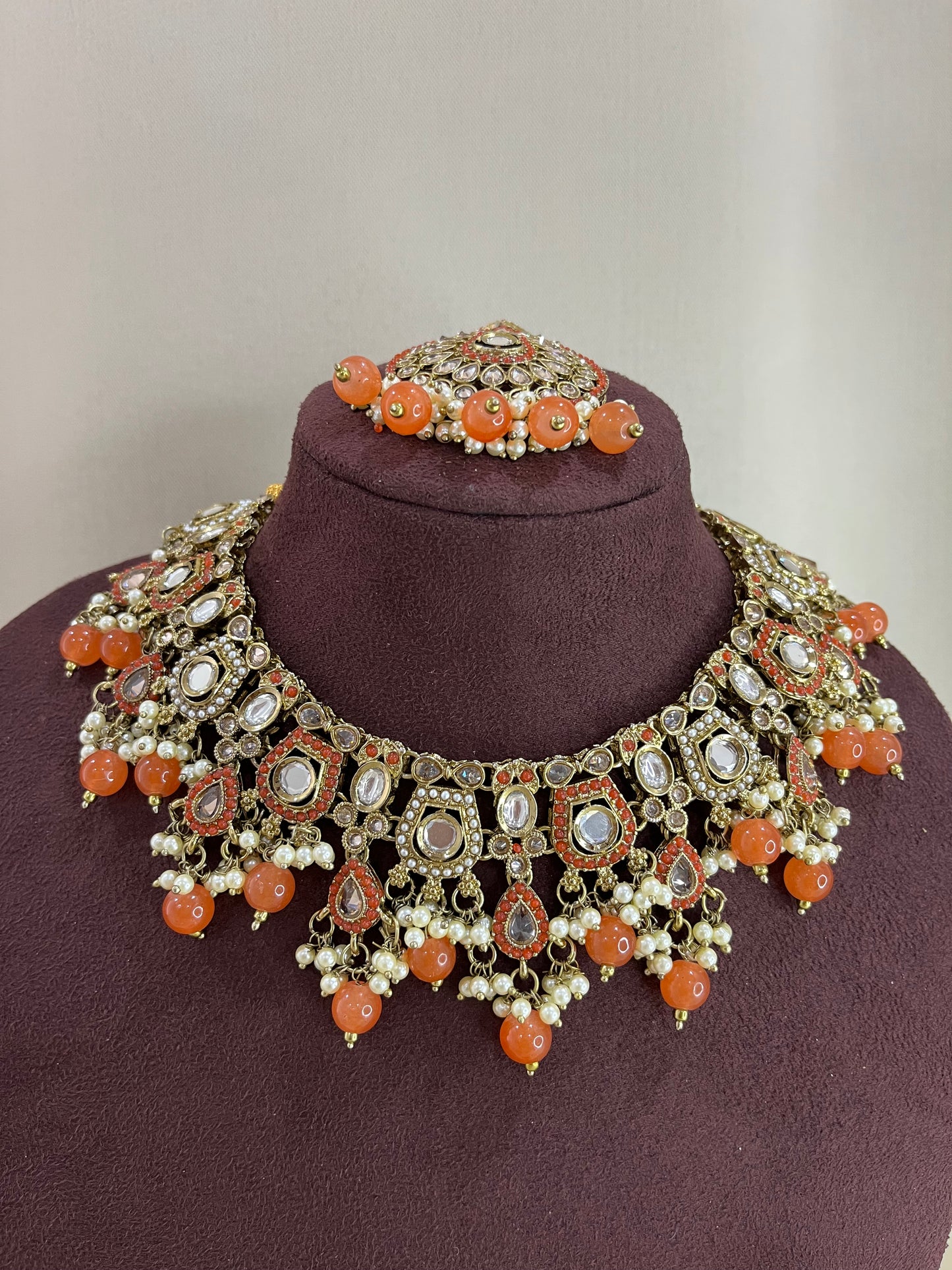 Paachi Kundan Sangeet Necklace Set - Orange