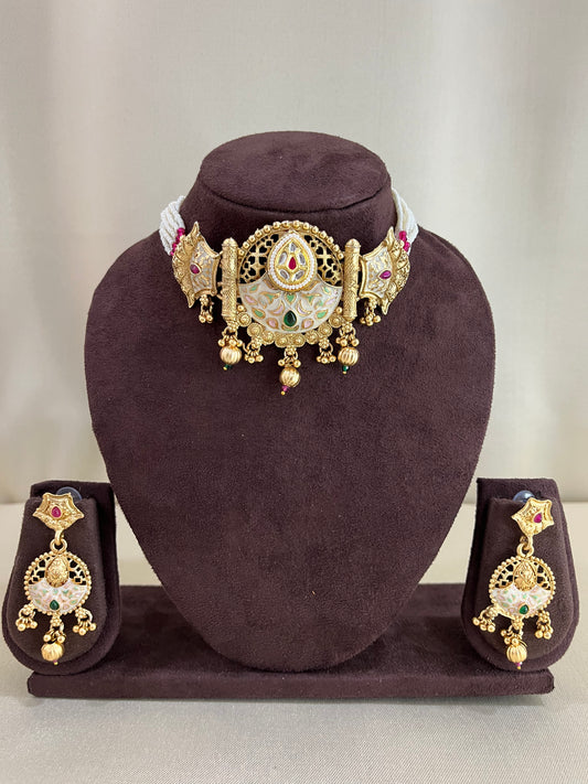Meena Heritage Choker Set - Gold & Pearl