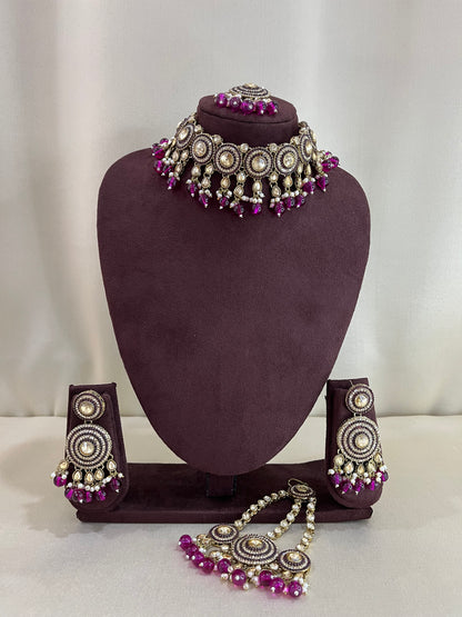 AD Choker Set With Paasa - Purple Beads