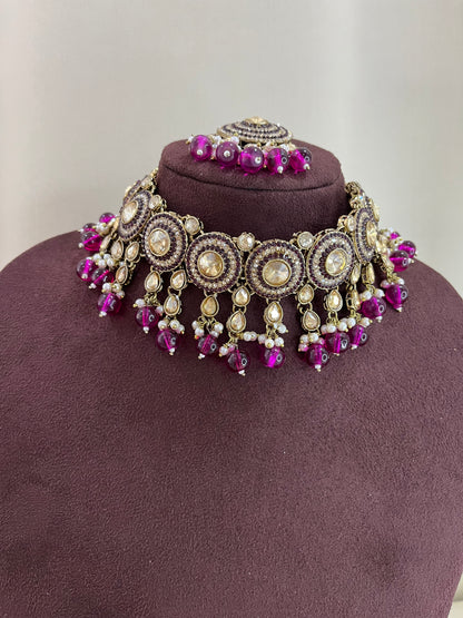AD Choker Set With Paasa - Purple Beads