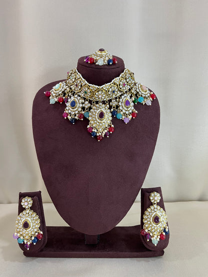 Paachi Kundan Choker Set With Tika - Multi Beads