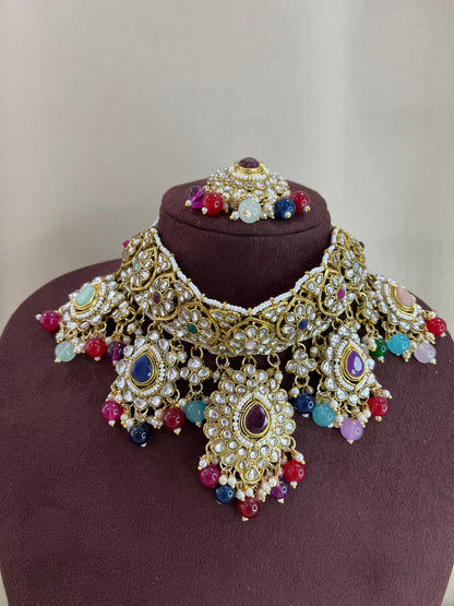 Paachi Kundan Choker Set With Tika - Multi Beads