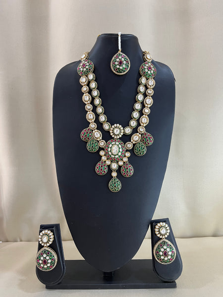 Meenakari Long Kundan Set With Tika - Ruby Green