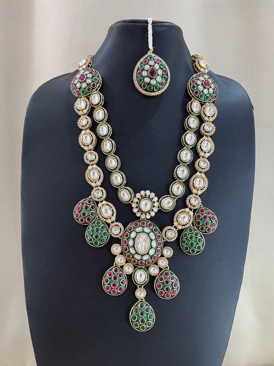 Meenakari Long Kundan Set With Tika - Ruby Green