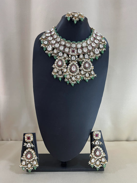 Full Bridal Moissanite Kundan Set With Tika - Mint Ruby - Sonaaz