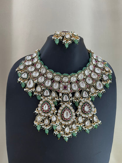 Full Bridal Moissanite Kundan Set With Tika - Mint Ruby