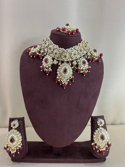 Paachi Kundan Choker Set With Tika - Ruby Beads