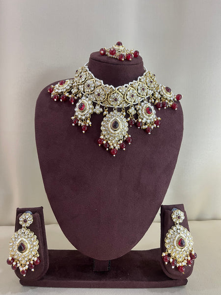 Paachi Kundan Choker Set With Tika - Ruby Beads