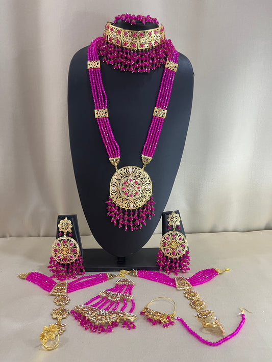 Jadau Kundan Combo Necklace Set - Rani Pink