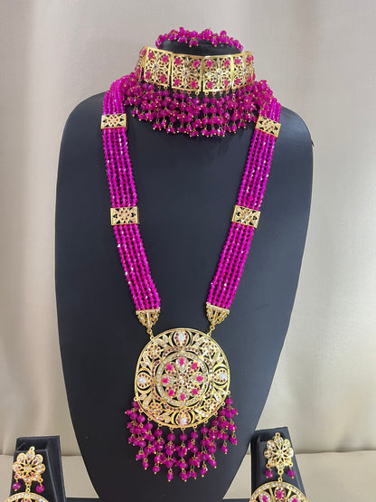 Jadau Kundan Combo Necklace Set - Rani Pink