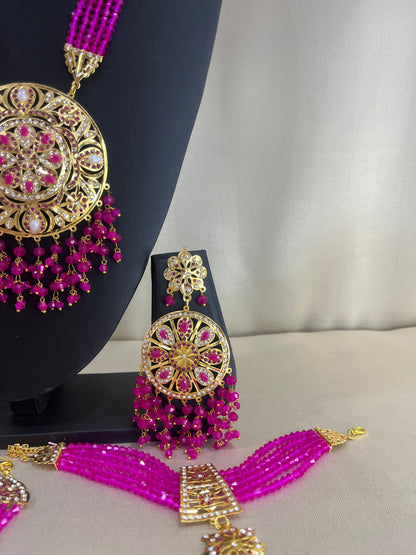 Jadau Kundan Combo Necklace Set - Rani Pink