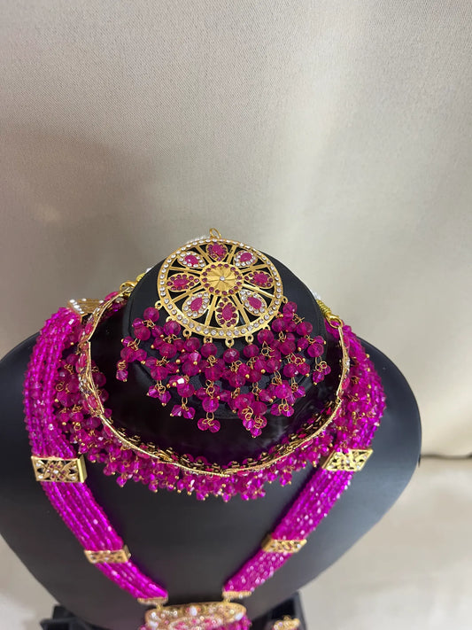 Jadau Kundan Combo Necklace Set - Rani Pink