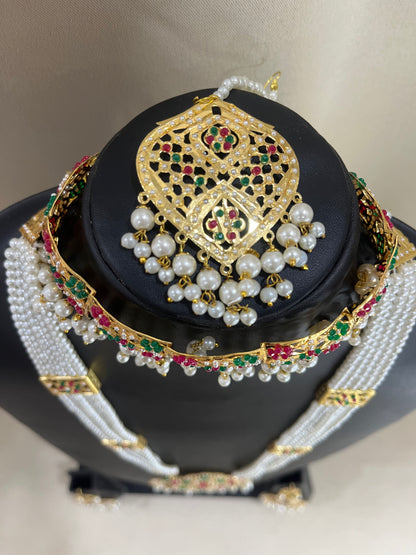 Jadau Kundan Bridal Combo Necklace Set - Multi Pearl