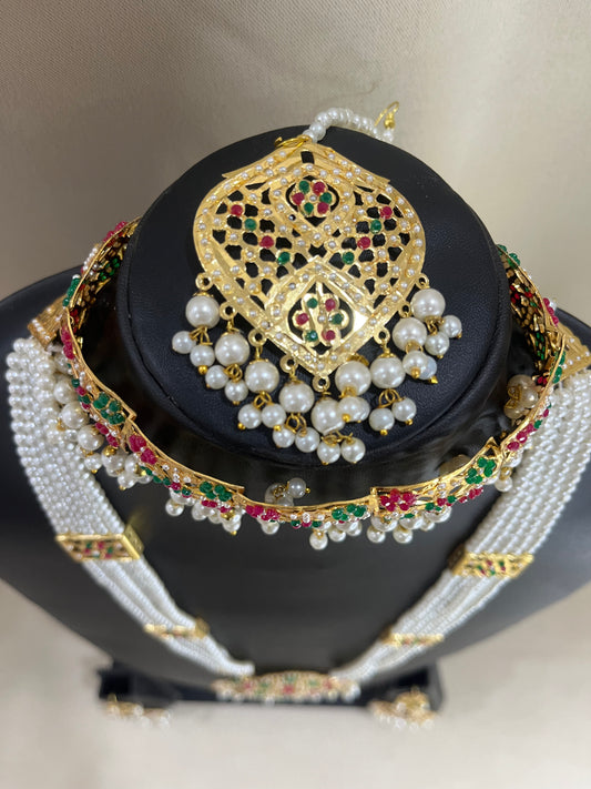 Jadau Kundan Bridal Combo Necklace Set - Multi Pearl