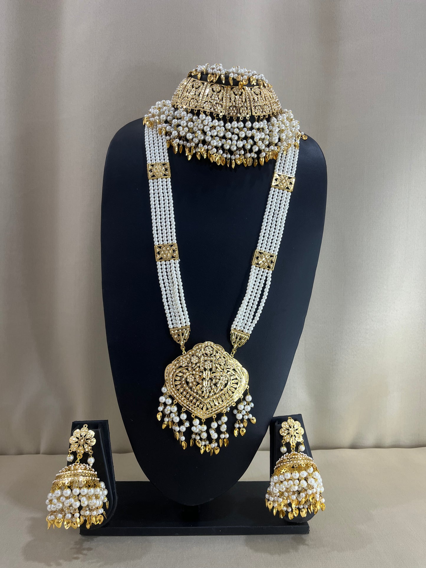 Jadau Kundan Nizami Bridal Combo Necklace Set - Pearl Gold