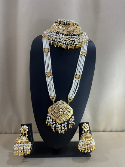 Jadau Kundan Nizami Bridal Combo Necklace Set - Pearl Gold