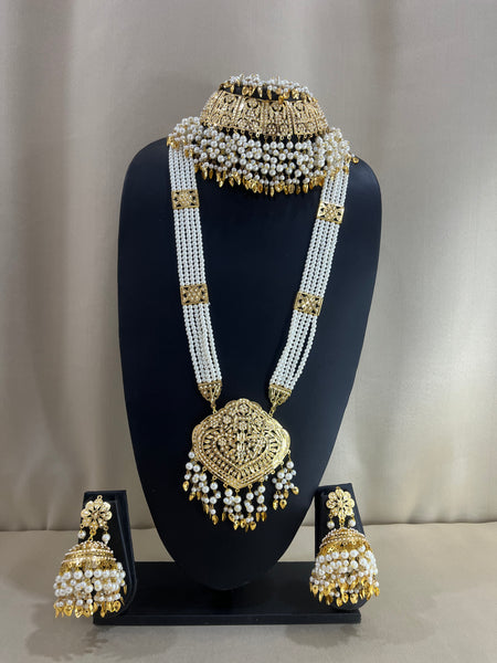 Jadau Kundan Nizami Bridal Combo Necklace Set - Pearl Gold
