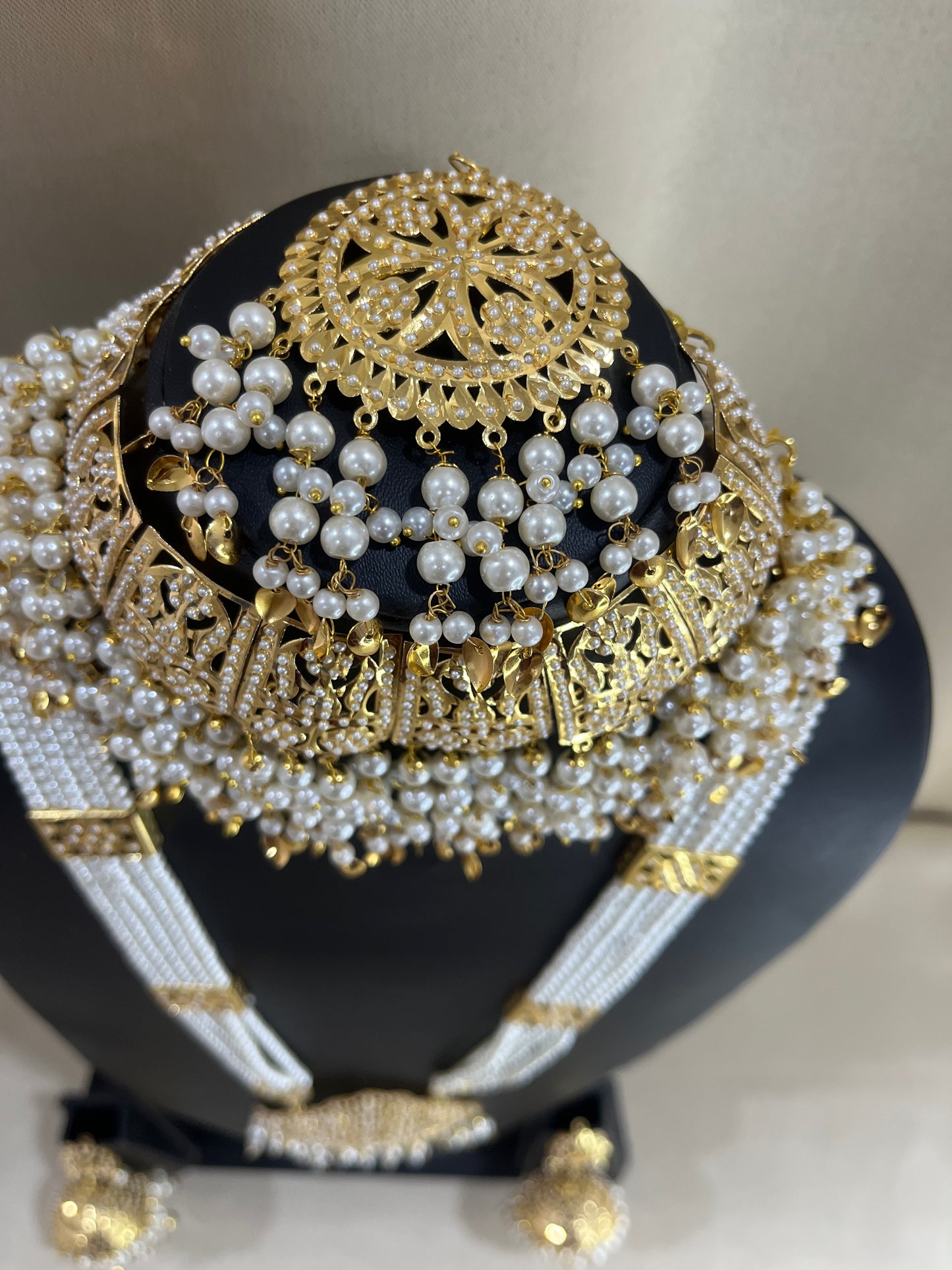 Jadau Kundan Nizami Bridal Combo Necklace Set - Pearl Gold