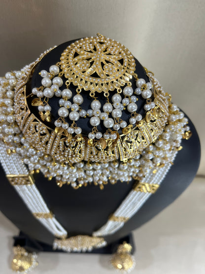 Jadau Kundan Nizami Bridal Combo Necklace Set - Pearl Gold