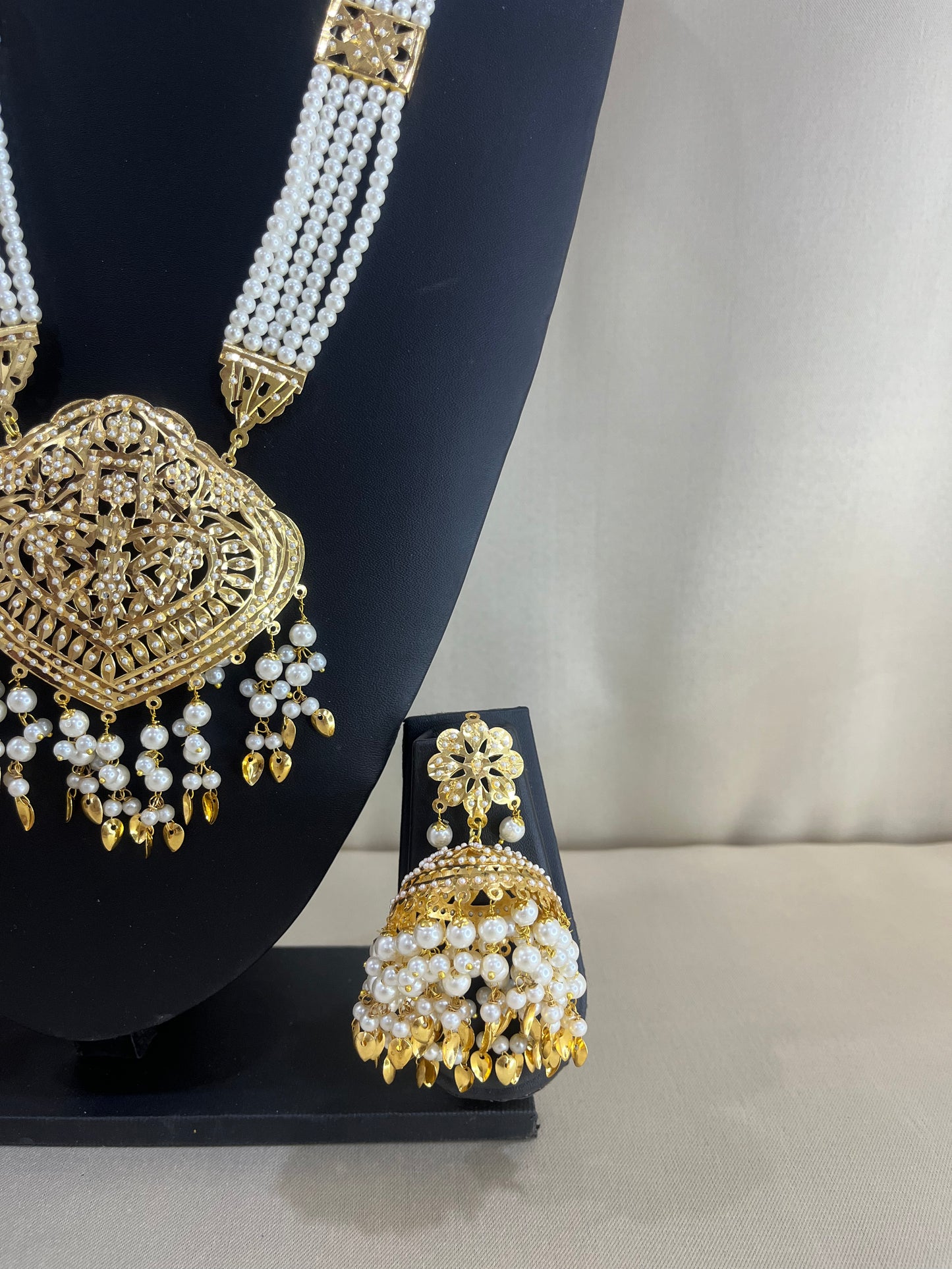 Jadau Kundan Nizami Bridal Combo Necklace Set - Pearl Gold