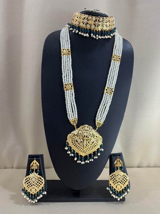 Jadau Kundan Bridal Combo Necklace Set - Pearl Turquise