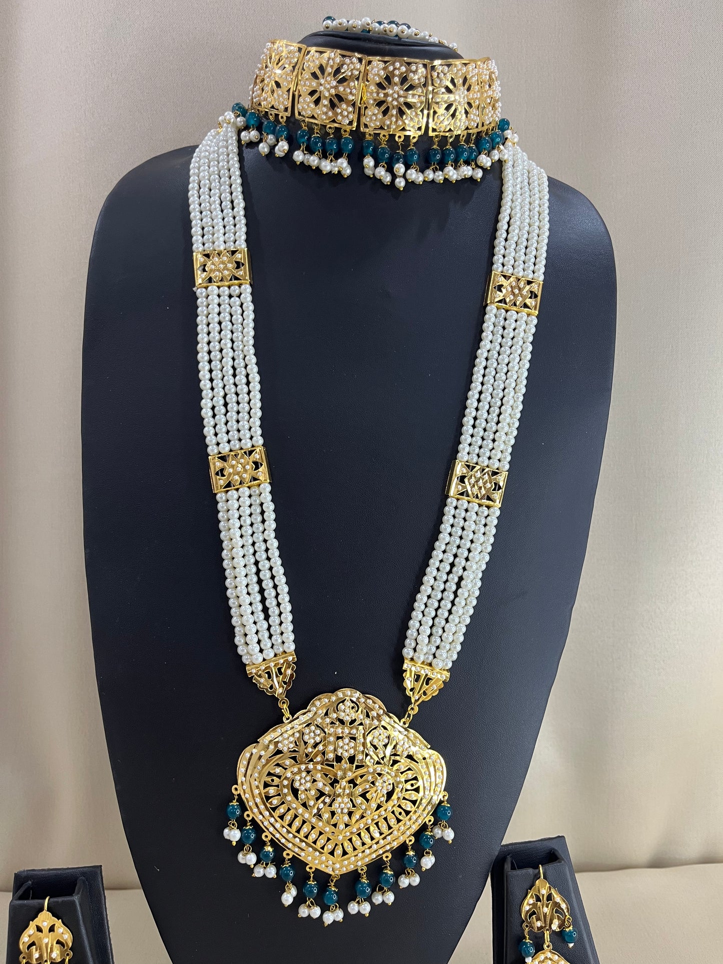 Jadau Kundan Bridal Combo Necklace Set - Pearl Turquise