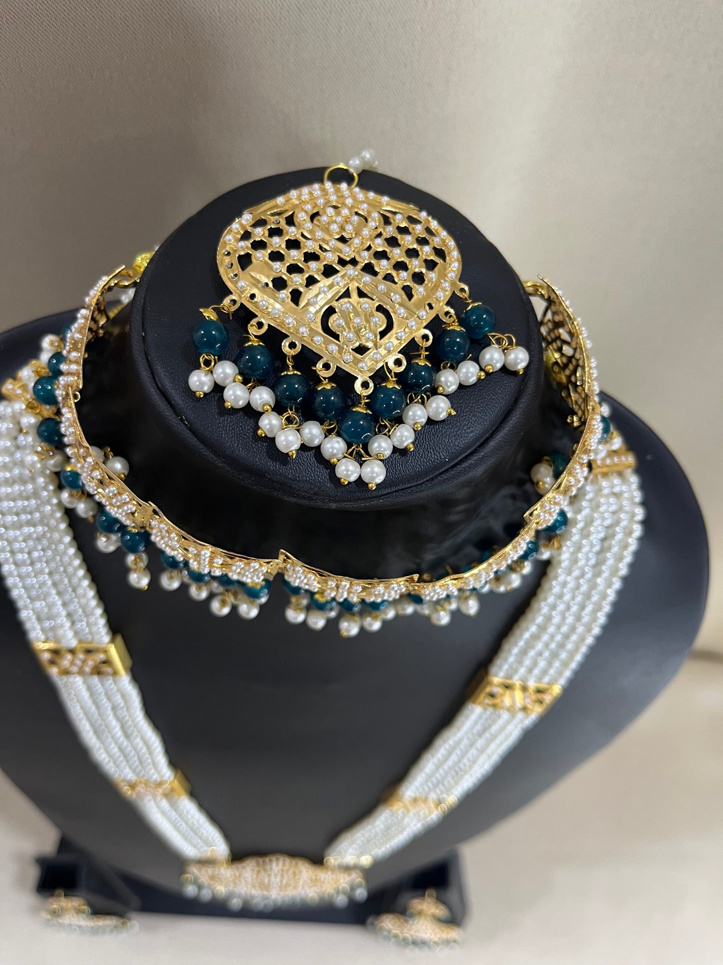 Jadau Kundan Bridal Combo Necklace Set - Pearl Turquise