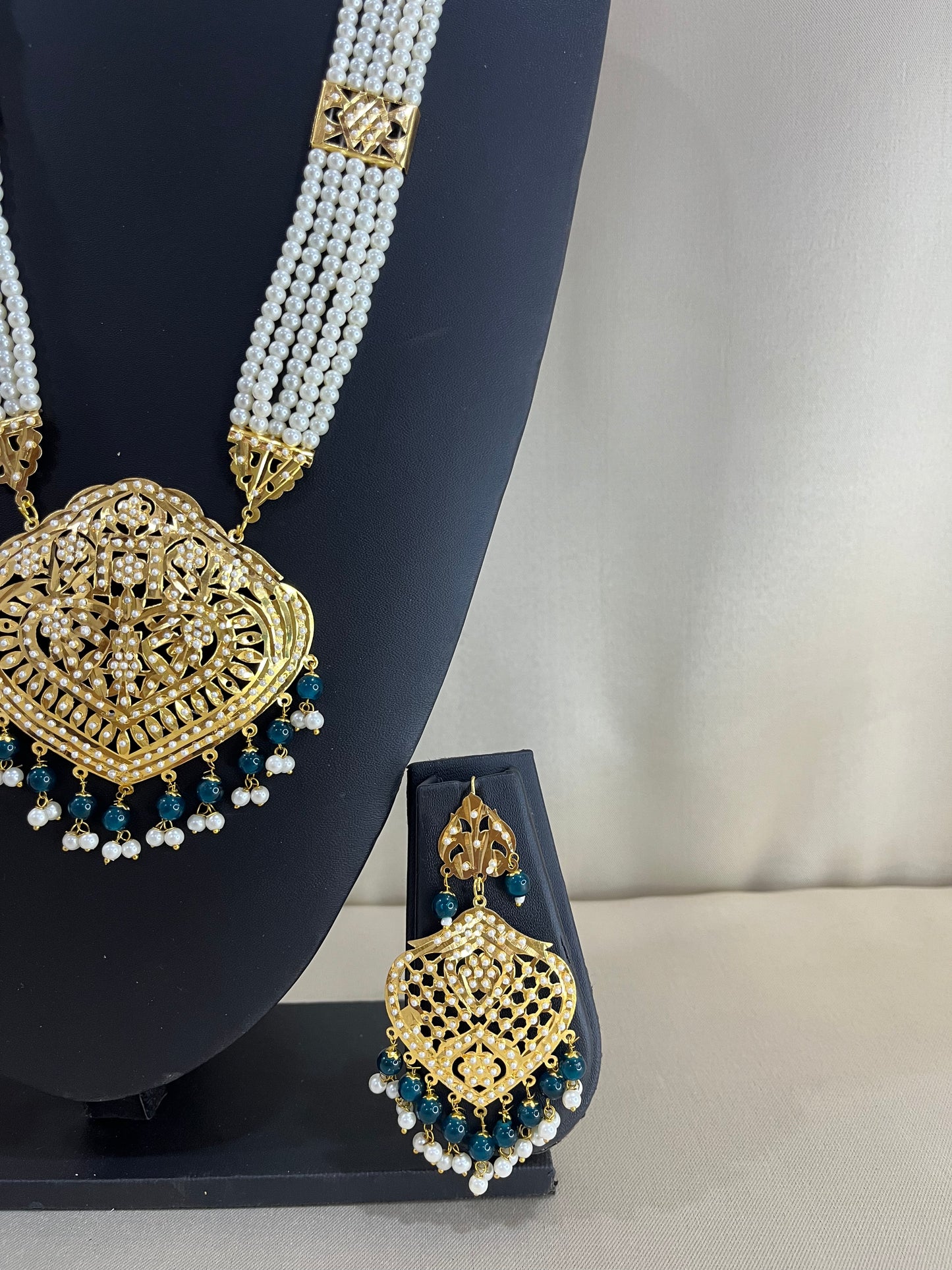 Jadau Kundan Bridal Combo Necklace Set - Pearl Turquise