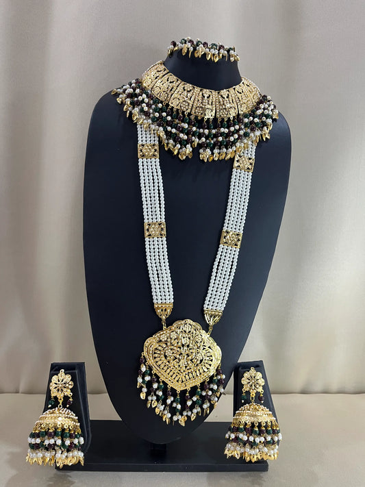 Jadau Kundan Nizami Bridal Combo Necklace Set - Green