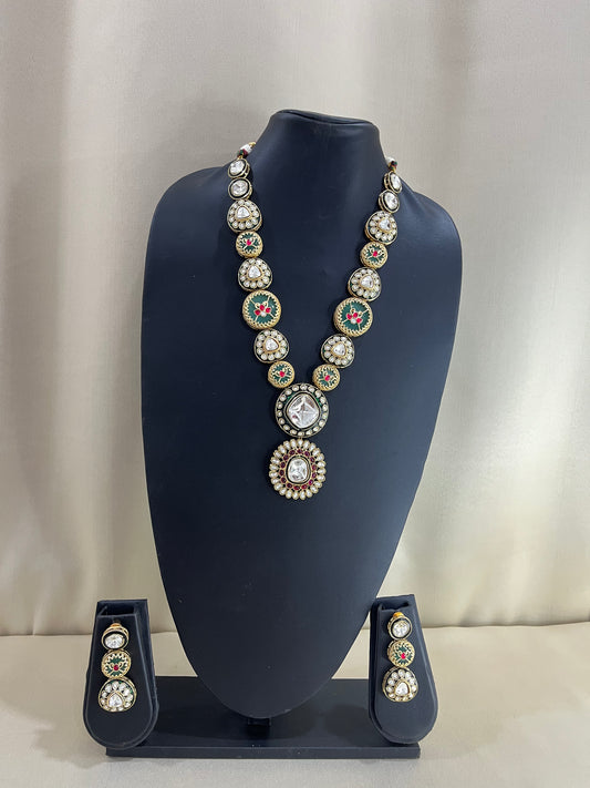 Moissanite Meenakari Long Necklace - Green