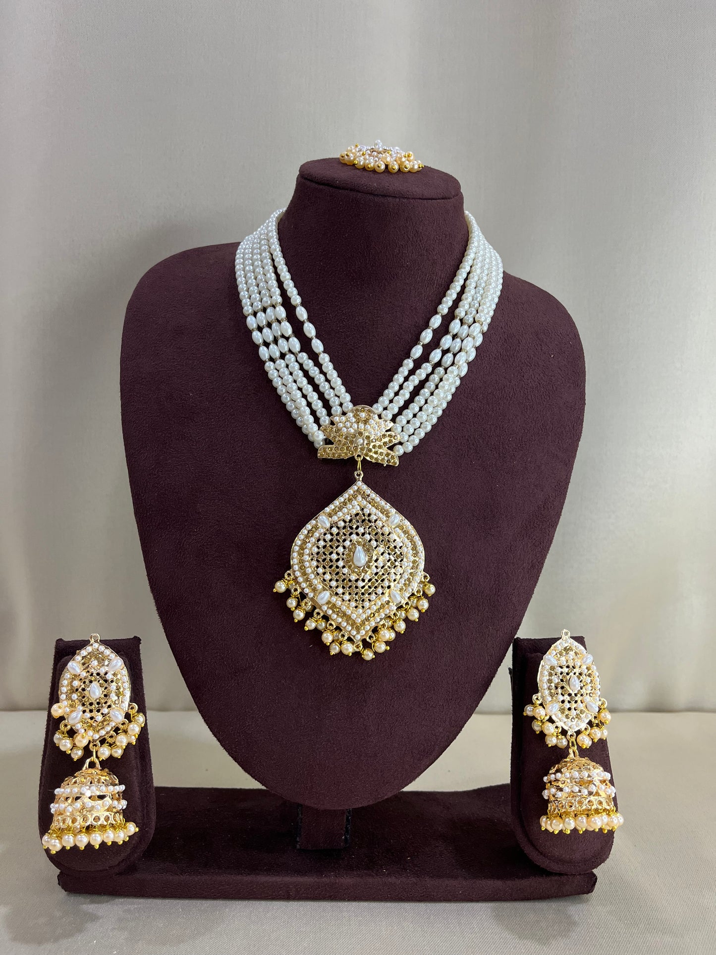 Jadau Nizami Necklace Set  with Tika - Pearl Gold