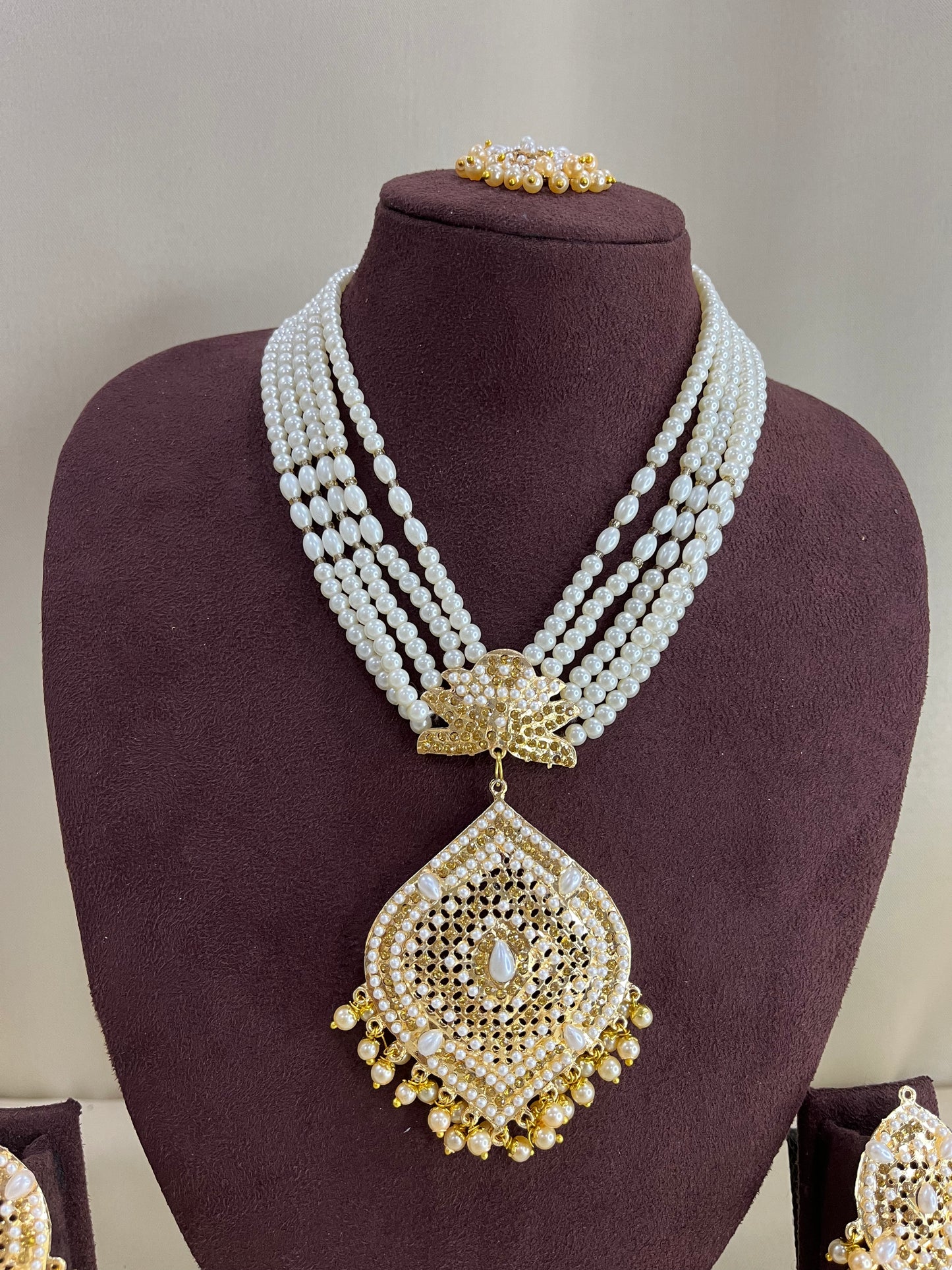 Jadau Nizami Necklace Set  with Tika - Pearl Gold