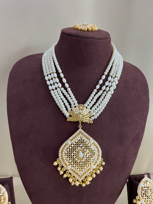 Jadau Nizami Necklace Set  with Tika - Pearl Gold