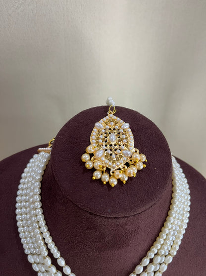 Jadau Nizami Necklace Set  with Tika - Pearl Gold