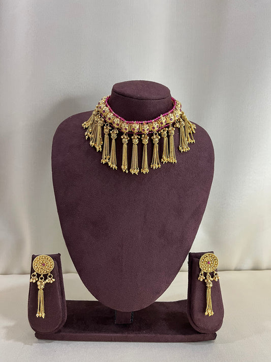 Heritage Rajwadi Chained Choker Set - Ruby
