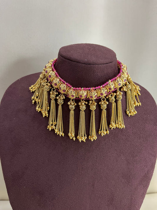 Heritage Rajwadi Chained Choker Set - Ruby