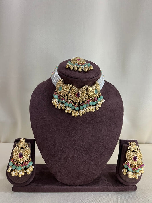 Heritage Rajwadi Choker Set With Tika - Ruby Green