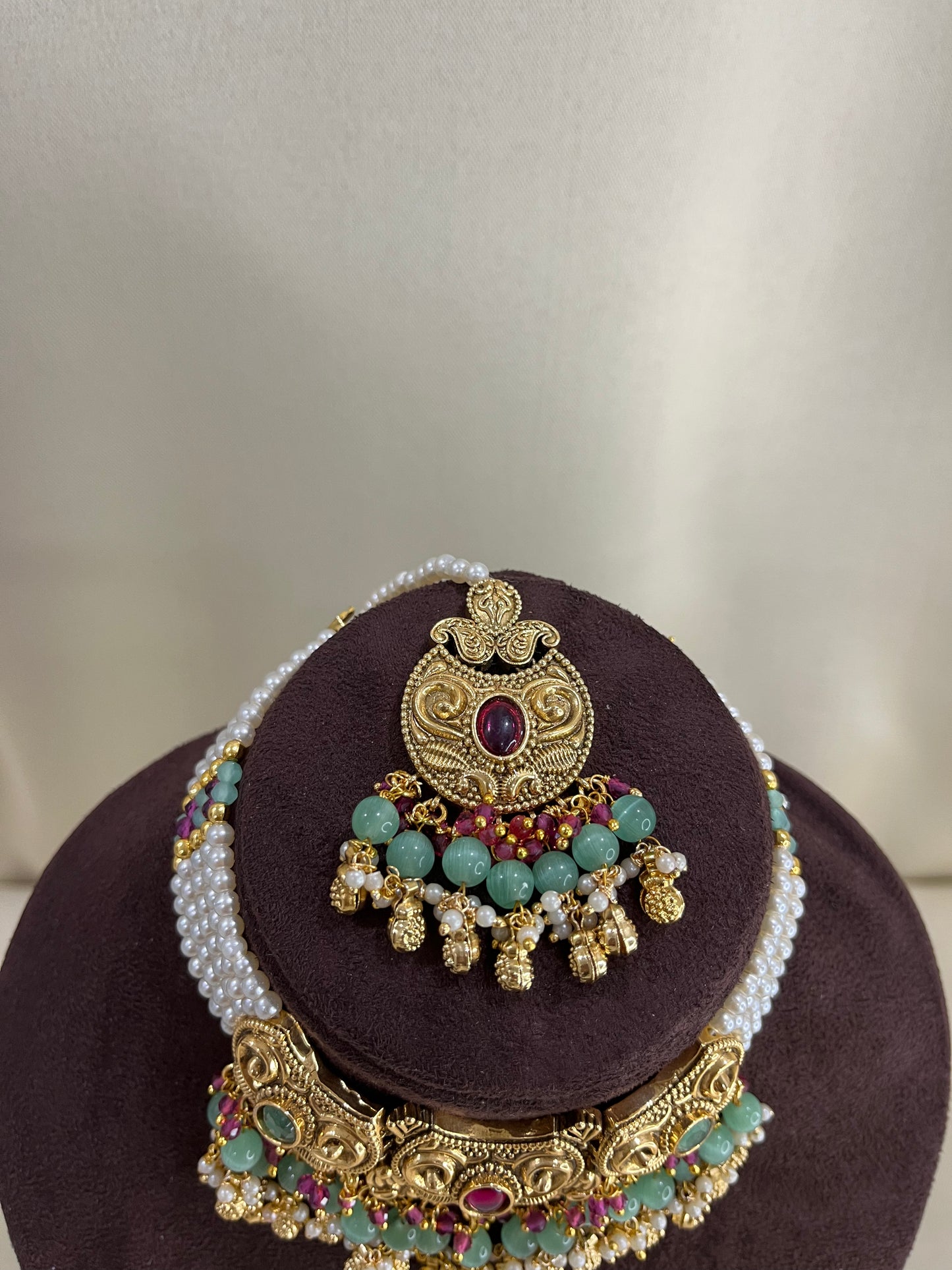 Heritage Rajwadi Choker Set With Tika - Ruby Green